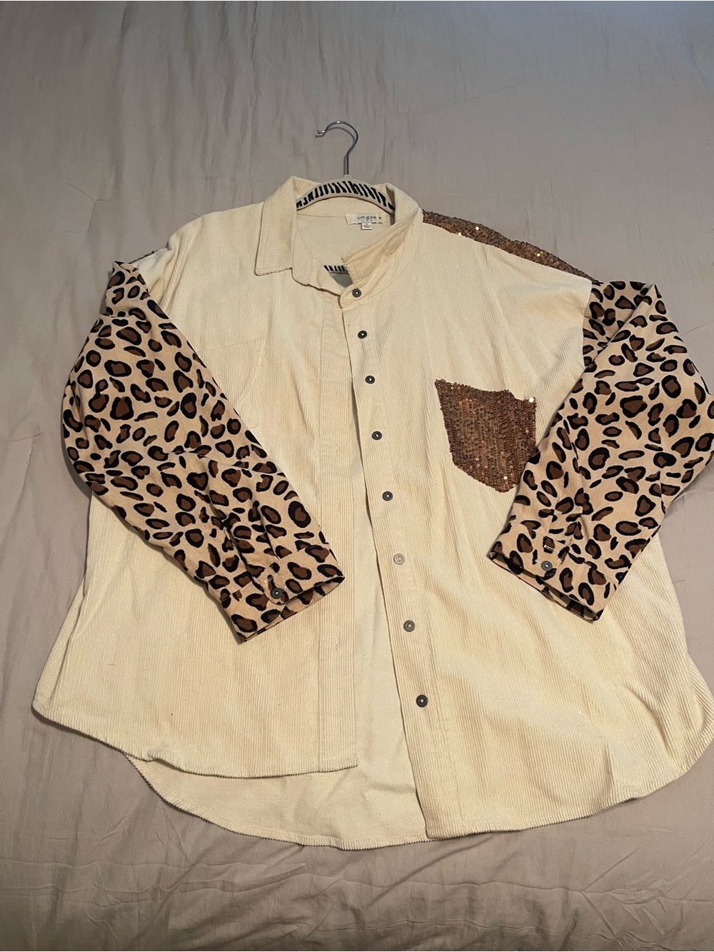 Women’s Cream Corduroy Shirt with Leopard Print Sleeves and Sequin Pocket